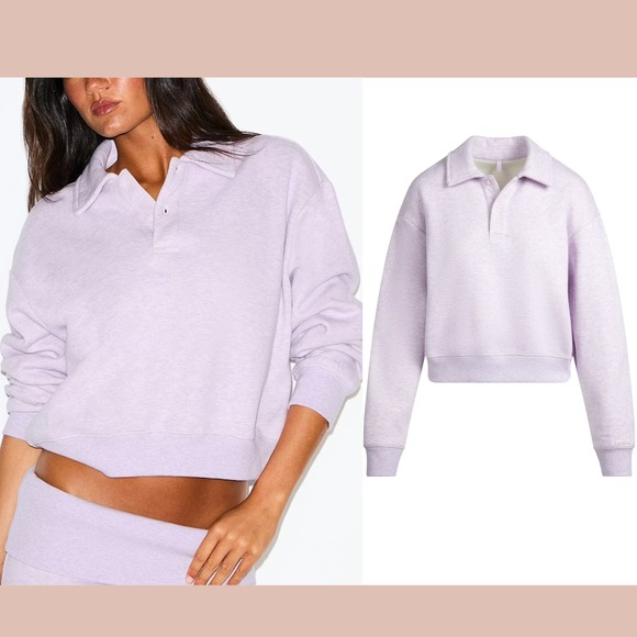NWT $88 Skims [ 4X ] Cotton Fleece Crop Polo Sweatshirt in Purple Heather #T2020